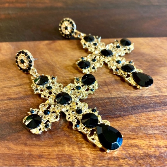 Boho Crystal Cross Drop Statement Earrings - Picture 3 of 6